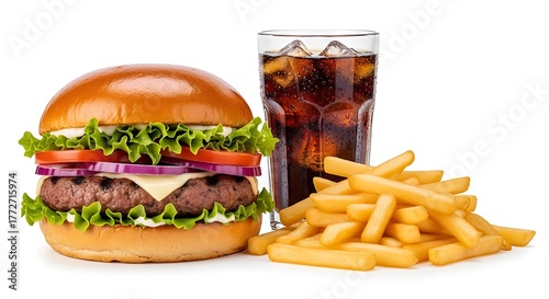 Delicious Burger, Fries, and Soda Meal Isolated on White Background