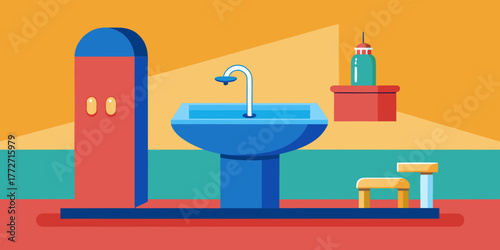 Colorful children's bathroom with sink, stool, and bottle on shelf  