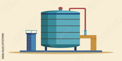 Water tank and tap in flat design style with blue colors  