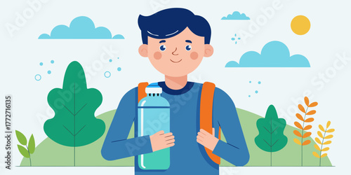 Young boy holding eco-friendly water bottle outdoors in nature  