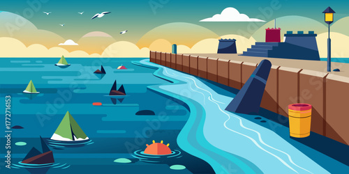 Trash drifting in water near breakwater with sailing boats and shore  