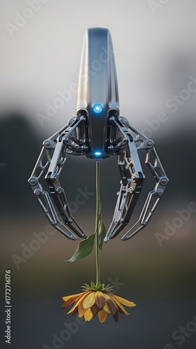A futuristic robotic hand gently grips the stem of a vibrant flower, showcasing the contrast between technology and nature. The scene is peaceful, with soft lighting highlighting the flower's beauty
