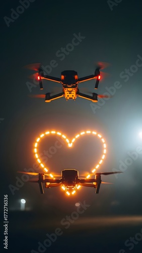 Two drones illuminated with bright lights soar through the dark sky, forming a heart shape above a gathering of people enjoying an evening celebration. The scene is filled with excitement