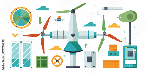 Wind turbine components in flat vector style for renewable energy  