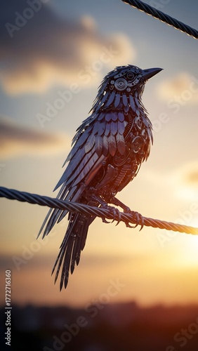 A stunning mechanical bird sits on a wire as the sun sets, casting a warm glow