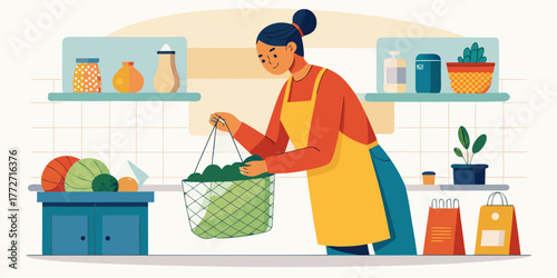 Woman packing groceries in net bag while standing in kitchen  