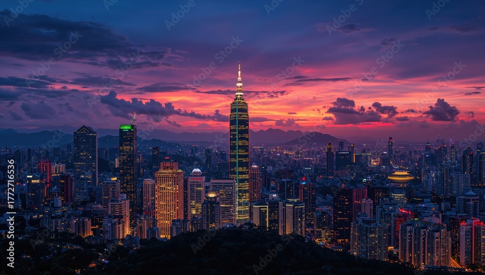 Fototapeta premium Aerial view of Taipei skyline during sunset, showcasing 101 Tower among contemporary skyscrapers, urban density
