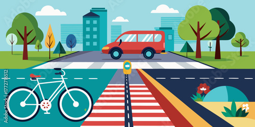 Bicycle lane with car crossing in city environment illustration  
