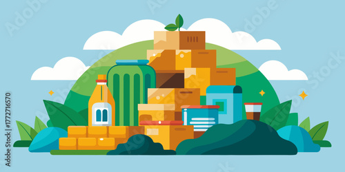 Pile of bioplastic packaging materials with green leaves and blue sky  