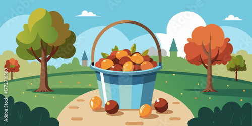 Bucket of acorns on pathway surrounded by autumn trees in park  