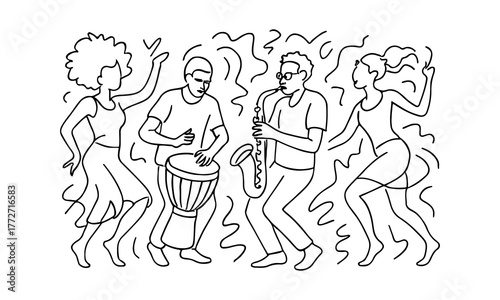 Energetic jazz band and dancers celebrating with music and movement
