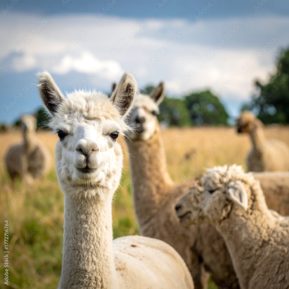 Obraz premium Close-up of a curious alpaca with a herd, set against a golden field under a blue sky