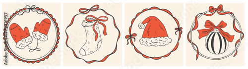 Chalk vintage hand draw Christmas posters. Retro new year drawing set in doodle line art, minimalist print with red socks, mitten, hat, tree toys. Vector circle frames coquette style