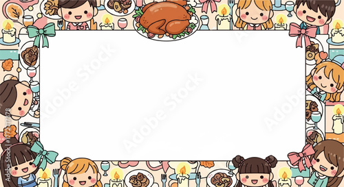 Cute thanksgiving dinner border with family members and copy space.