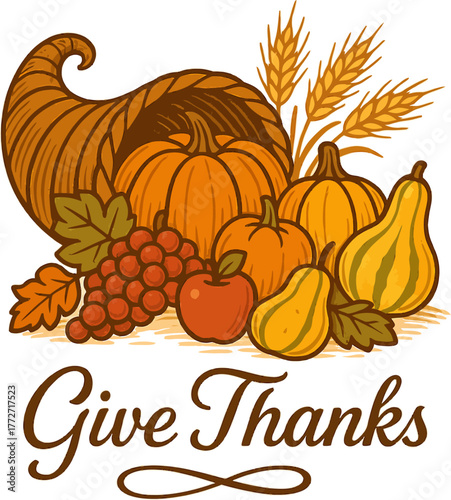 Cornucopia filled with autumn harvest fruits and vegetables for a thanksgiving day celebration design