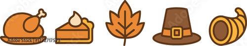 Thanksgiving icons featuring turkey pie leaf hat and cornucopia in a festive arrangement