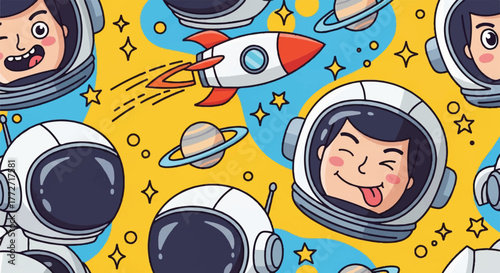 Cute astronaut space pattern with rockets and planets.