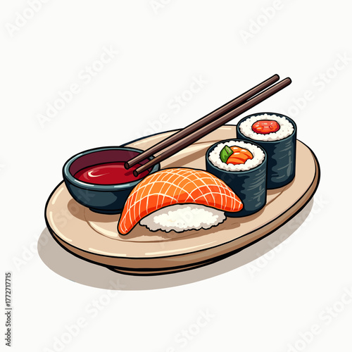 Sushi platter with salmon and rolls on a beige plate  
