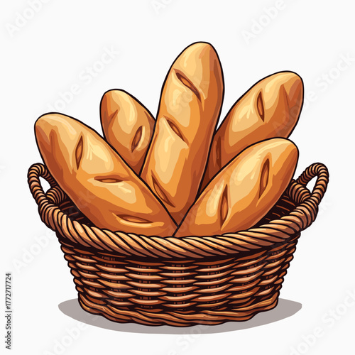 Freshly baked baguettes in a wicker basket  