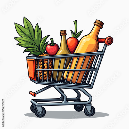 Grocery cart filled with fruits and beverages for shopping  