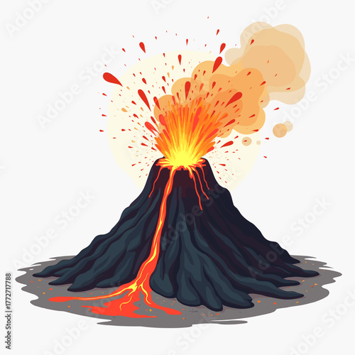 Erupting volcano with lava flowing and smoke rising in landscape  