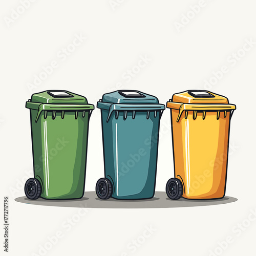 Colorful recycling bins in a minimalist design on white background  