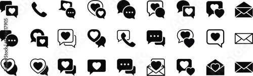Collection of social media and communication icons featuring hearts and messages perfect for digital marketing and online platforms silhouette