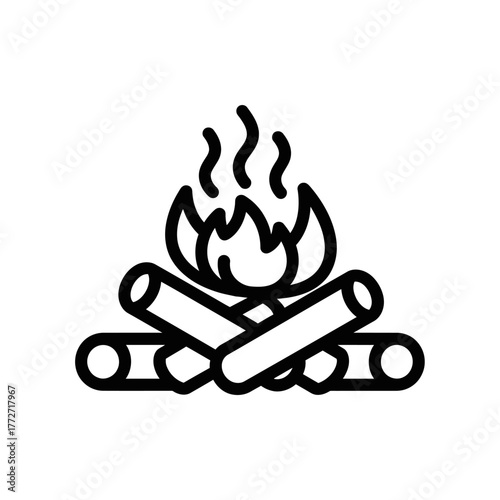Simple Black and White Icon of a Campfire with Burning Flames and Logs.