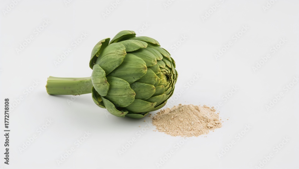 Fototapeta premium Fresh artichoke and powder displayed on white background, fiber-dense choice