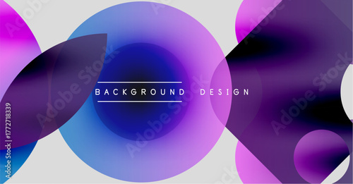 Abstract background features overlapping circles, gradients. Purple, blue hues dominate design, creating modern aesthetic. Text reads background design.