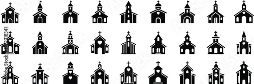 Collection of simple silhouette church icons representing diverse architectural styles for religious themes and building symbols silhouette