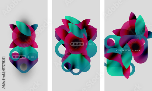 Abstract floral shapes, vibrant colors, gradients. Modern design elements, overlapping forms, soft shadows. Backgrounds suggest digital art creation.