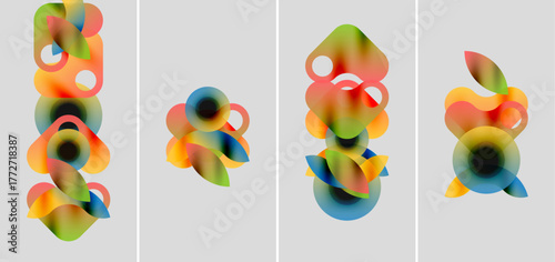 Abstract colorful shapes overlap, creating vibrant compositions. Four panels display similar designs, differing slightly in arrangement.