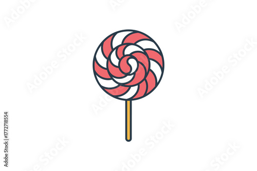 A red and white swirled lollipop on a stick against a white background.