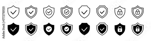 Security shield icon set. Shield check mark symbols. Protection and padlock logotypes. Vector illustration.