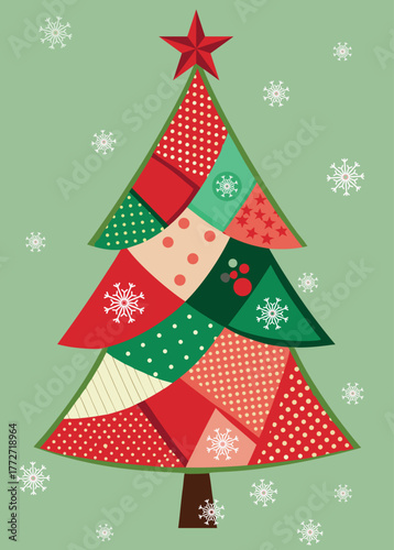 Patchwork Christmas Tree Vector – Leaf-Shaped Fabric Patches in Green, Red, White with Floral Patterns 