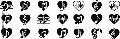 Set of black heart shapes filled with various musical notes and symbols representing love for music collection design elements silhouette