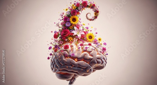 Human Brain Blooming with Flowers