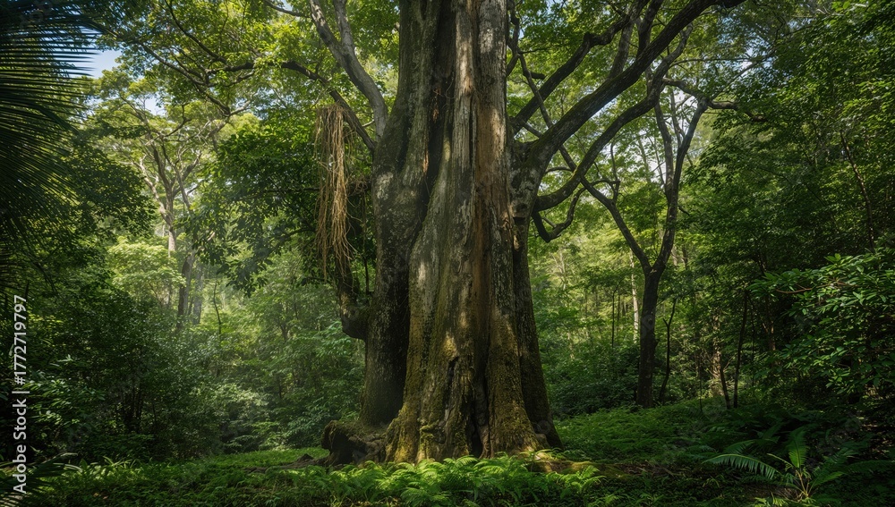 Obraz premium Large tree within woodland setting. Lush greenery backdrop