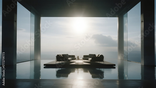 cinematic realistic shot of a floating glass lounge surrounded by sky and clouds