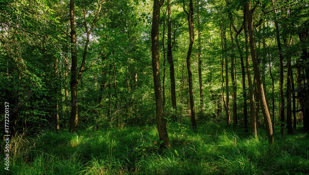 Fototapeta premium A tranquil summer scene where sunlight streams through dense foliage, forming intricate patterns on the ground covered with grass and wood.