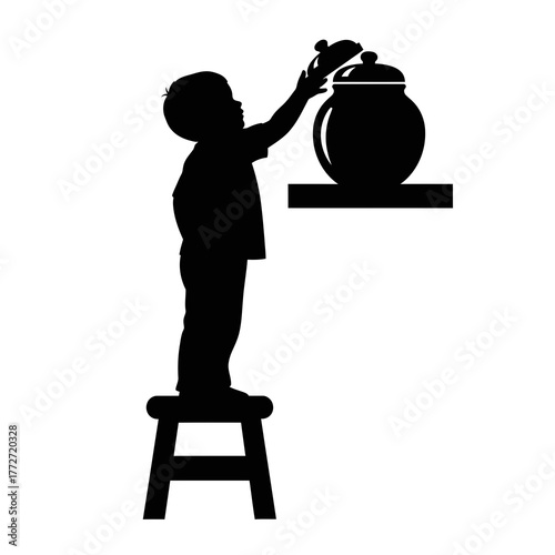Silhouette of a child reaching for a cookie jar on a shelf