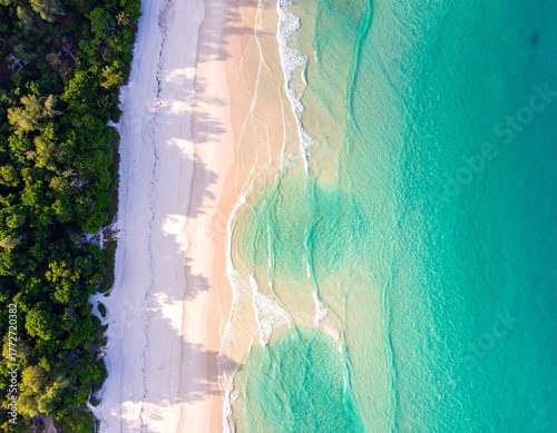 Pristine white sand beach meets the crystal clear turquoise ocean, bordered by a lush green tropical forest in an aerial top-down view