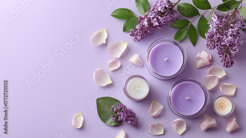 Flatlay of pastel candles with lilac flowers, green leaves, and scattered rose petals on soft lavender background, creating calm and relaxing atmosphere