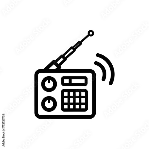 Simple black line art icon of a portable radio with an extended antenna, knobs, and sound waves.