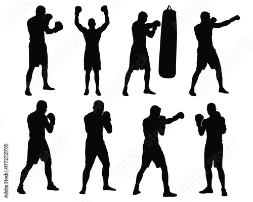 Silhouette Set of Boxer including Training, Punching Bag, Combat Sport, and Victory Poses Vector