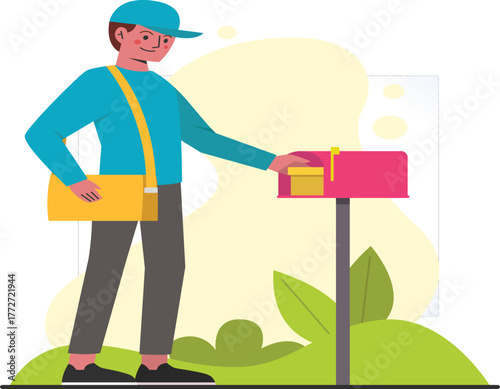 Mail carrier delivering letters to mailbox – postal service illustration