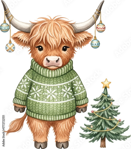 Watercolor Christmas Highland Cow with Sweater and Decorated Fir Tree