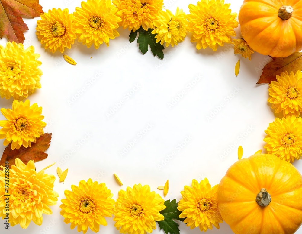 Fototapeta premium Autumnal Yellow Flowers and Pumpkins.