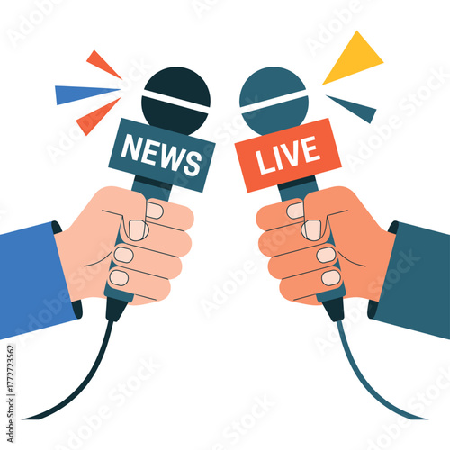 Two hands hold microphones for news and live broadcasting.